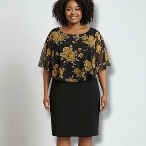 Connected Apparel -  Black & Gold Floral Capelet Dress Size 20W
